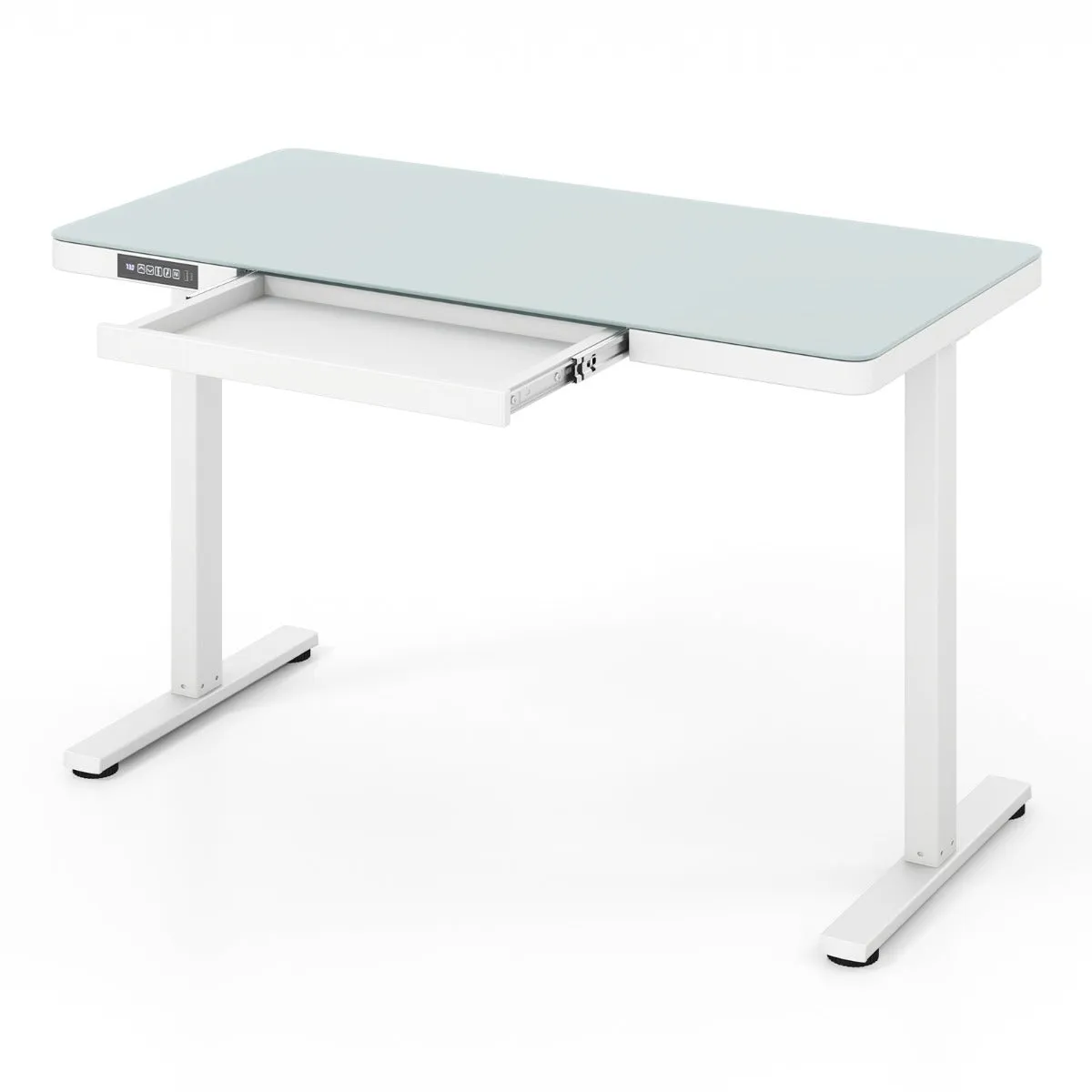 120 x 60 CM Whole-Piece Glass Standing Desk with Drawers, Height Adjustable Desk, Electric Stand up Desk with Writable Tempered Glass Top, USB Type-C Outlets, Memory Presets, Home Office Sit Stand Desk -White