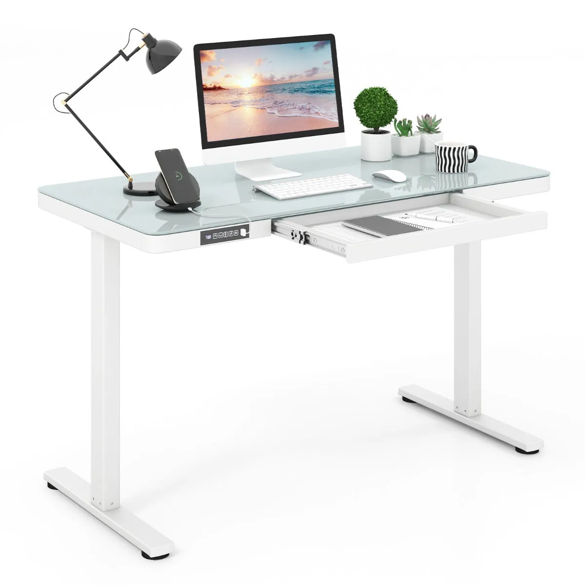 120 x 60 CM Whole-Piece Glass Standing Desk with Drawers, Height Adjustable Desk, Electric Stand up Desk with Writable Tempered Glass Top, USB Type-C Outlets, Memory Presets, Home Office Sit Stand Desk -White