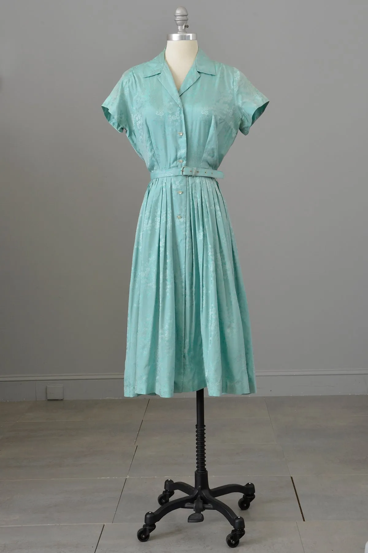 1950s Aqua Blue Jacquard Fit and Flare Shirtwaist Dress