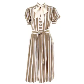 1970s Albert Nipon Vintage Brown Cream Striped 2pc Silk Dress w Bow