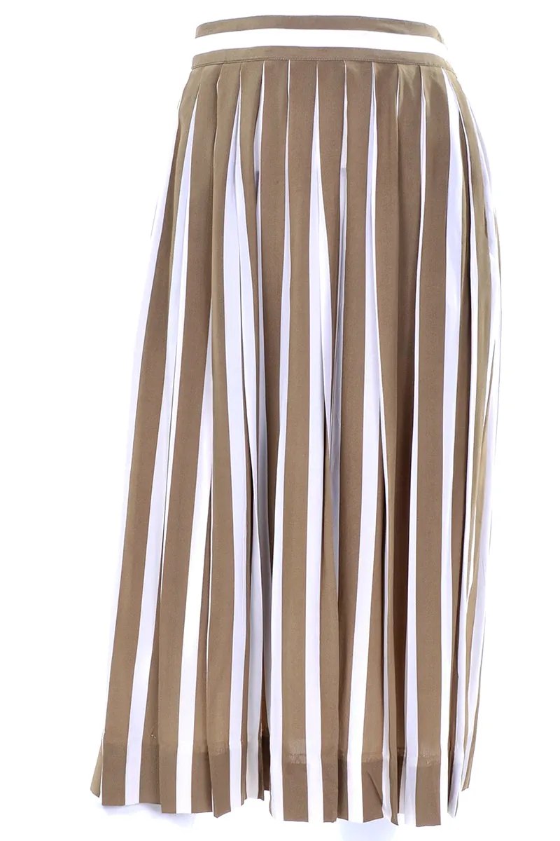 1970s Albert Nipon Vintage Brown Cream Striped 2pc Silk Dress w Bow