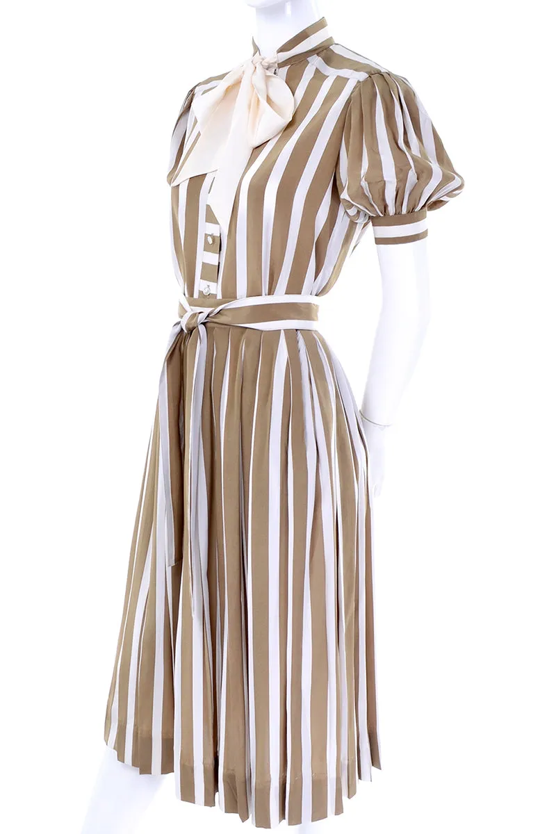 1970s Albert Nipon Vintage Brown Cream Striped 2pc Silk Dress w Bow