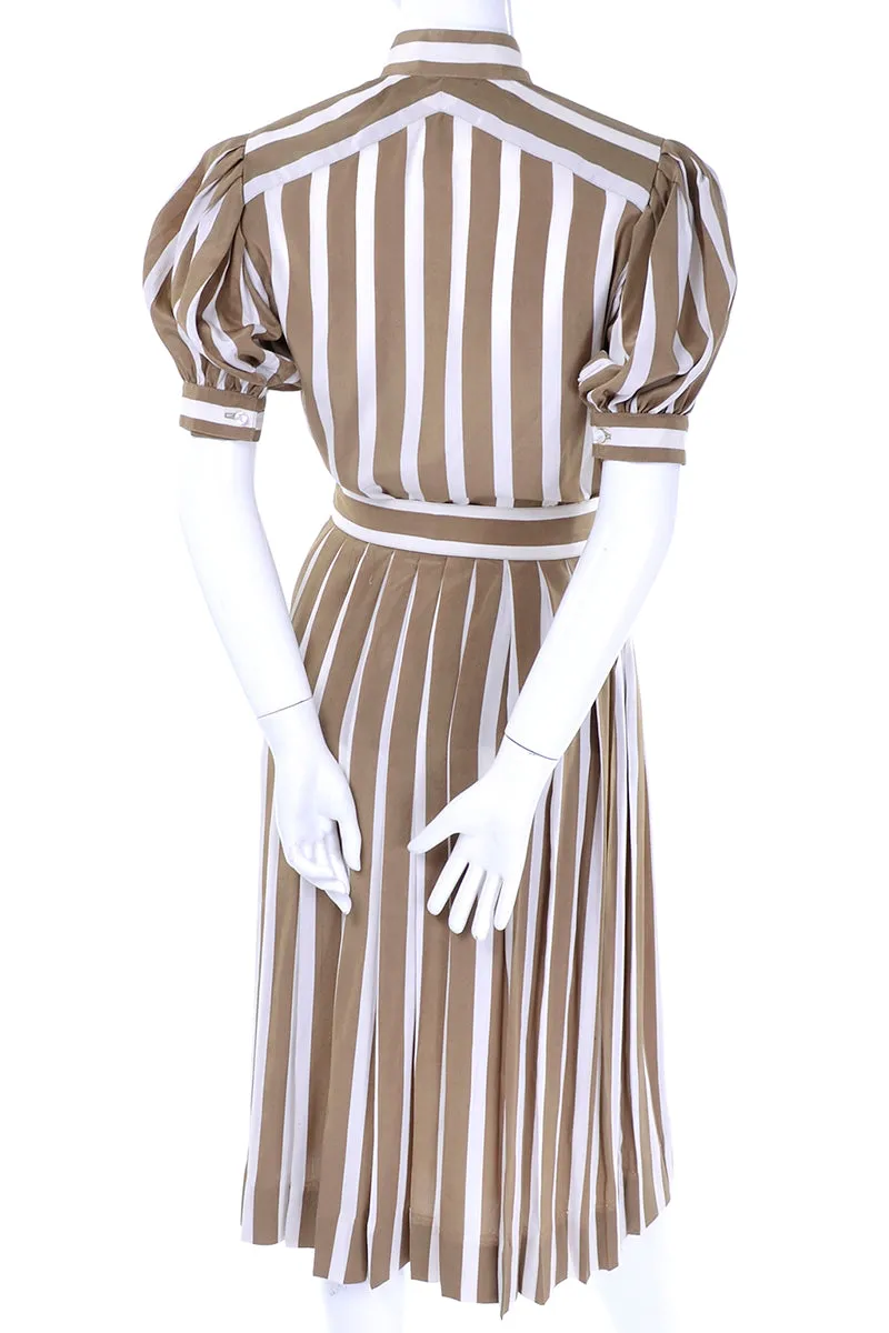 1970s Albert Nipon Vintage Brown Cream Striped 2pc Silk Dress w Bow