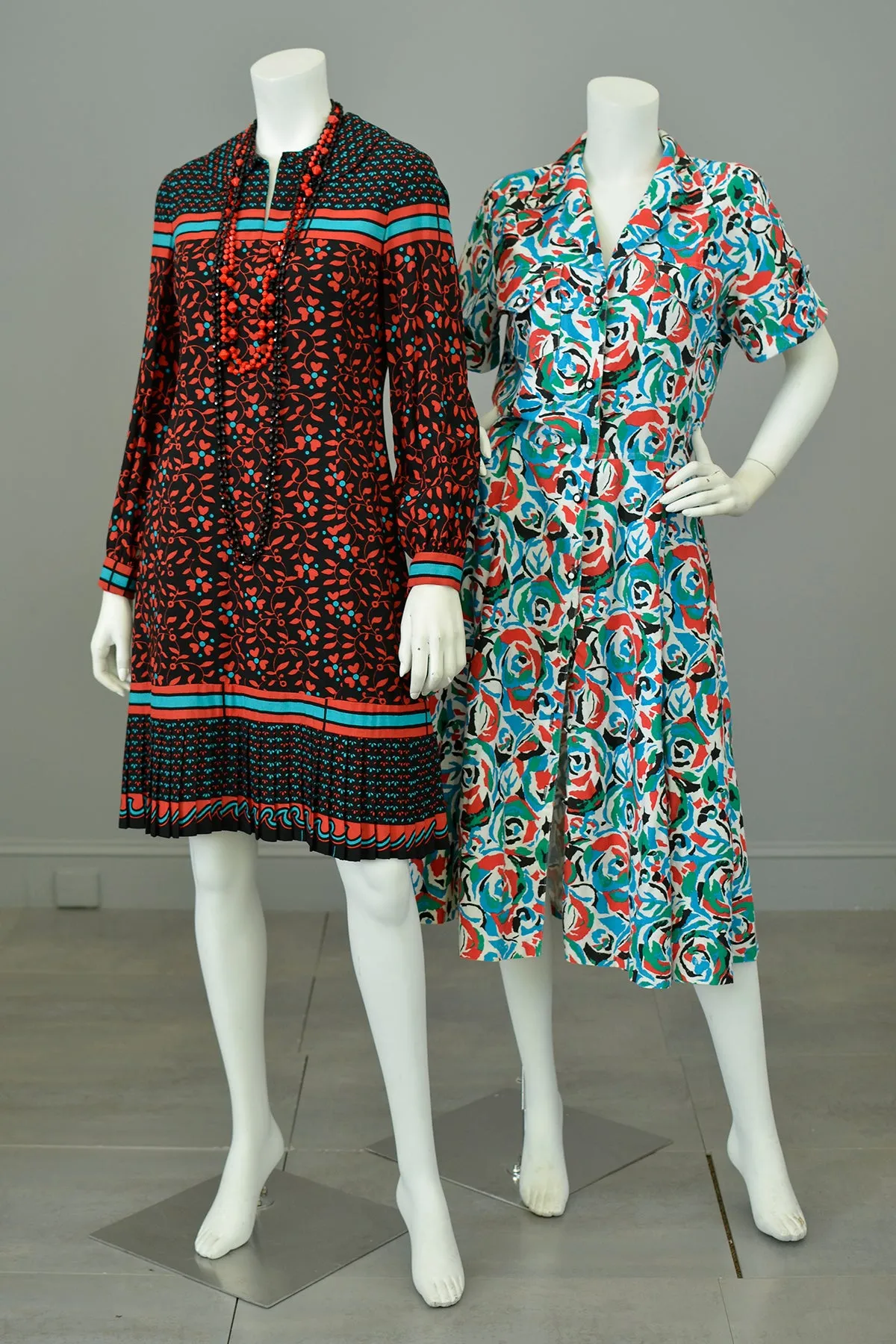 1970s Mixed Print Pleated Dress | Campus Dress | Office Dress