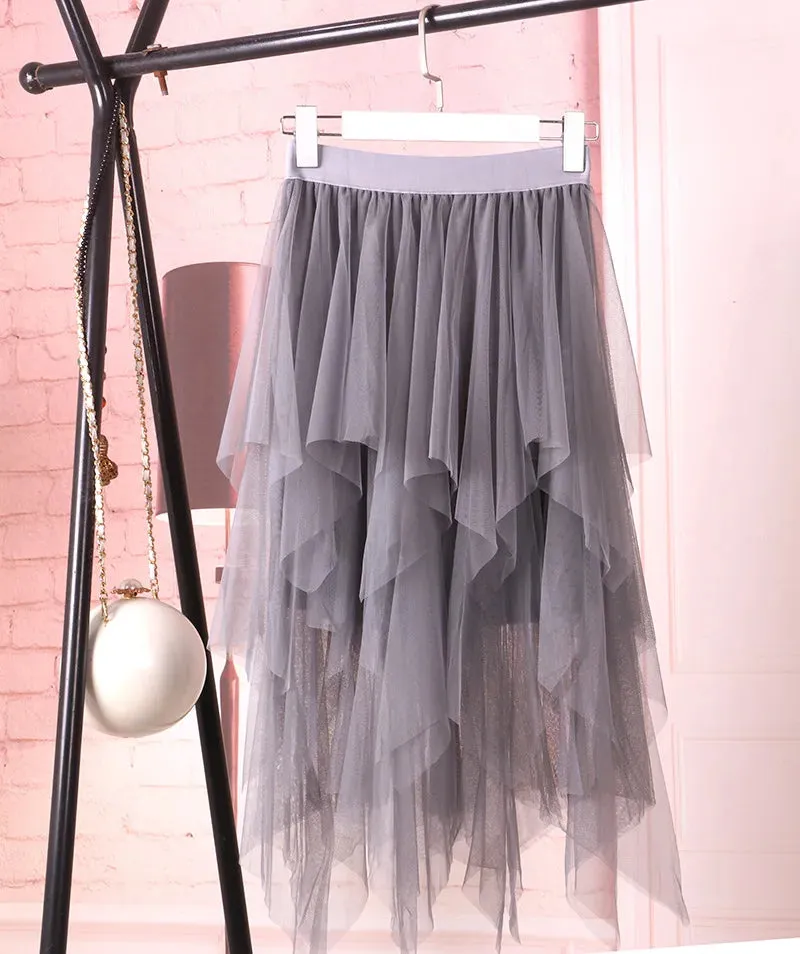 1pcs/lot Women irregular Tulle Skirts Fashion Elastic High Waist Mesh Tutu Skirt Pleated Long Skirts (good)