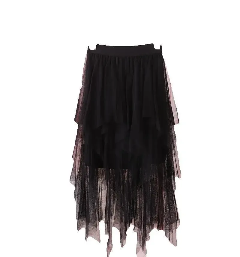 1pcs/lot Women irregular Tulle Skirts Fashion Elastic High Waist Mesh Tutu Skirt Pleated Long Skirts (good)