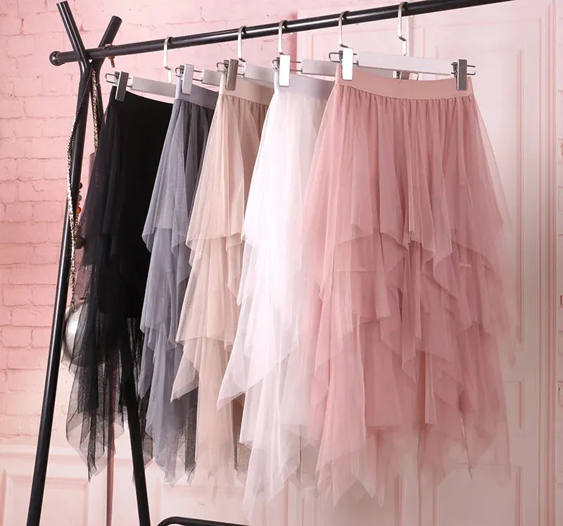 1pcs/lot Women irregular Tulle Skirts Fashion Elastic High Waist Mesh Tutu Skirt Pleated Long Skirts (good)