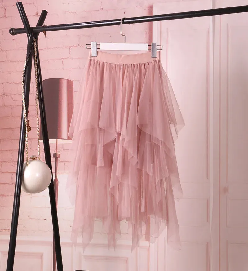 1pcs/lot Women irregular Tulle Skirts Fashion Elastic High Waist Mesh Tutu Skirt Pleated Long Skirts (good)