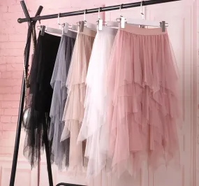 1pcs/lot Women irregular Tulle Skirts Fashion Elastic High Waist Mesh Tutu Skirt Pleated Long Skirts (good)