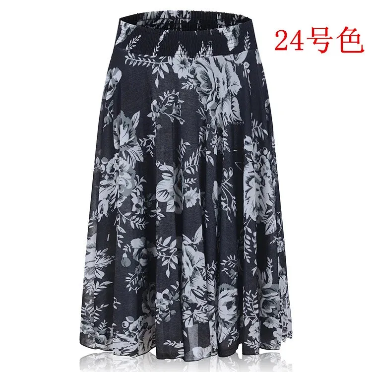 2023 Fall Middle-aged Half-length Skirt Mother Wear Elastic Waist Pleated Women Polka Dot Flower Ladies Skirts