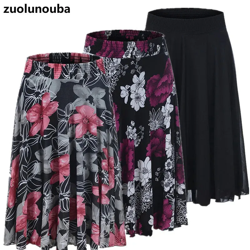 2023 Fall Middle-aged Half-length Skirt Mother Wear Elastic Waist Pleated Women Polka Dot Flower Ladies Skirts