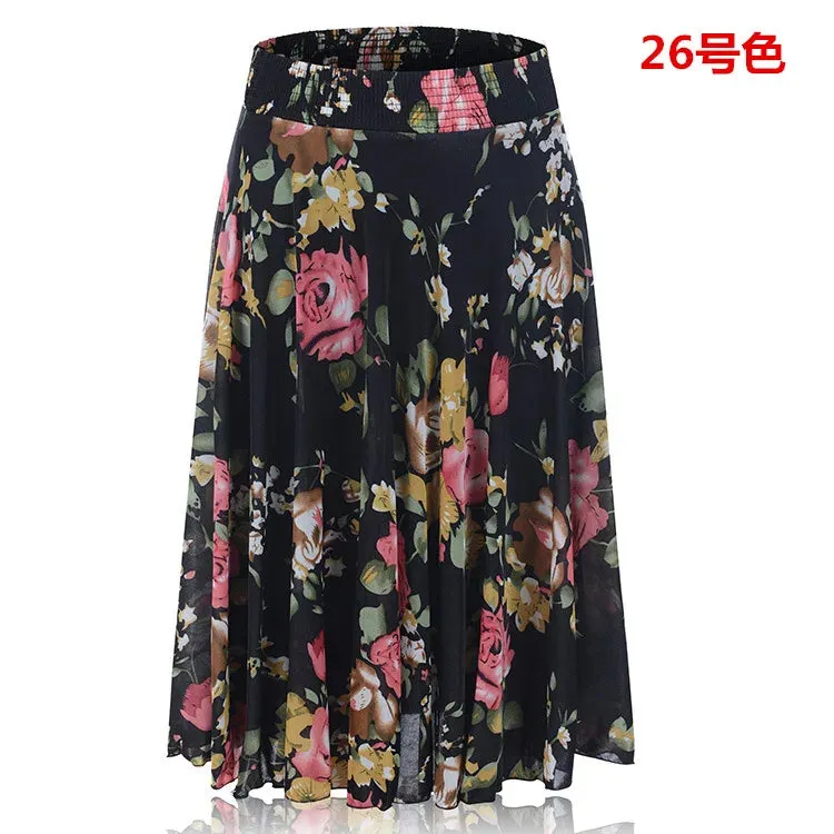 2023 Fall Middle-aged Half-length Skirt Mother Wear Elastic Waist Pleated Women Polka Dot Flower Ladies Skirts