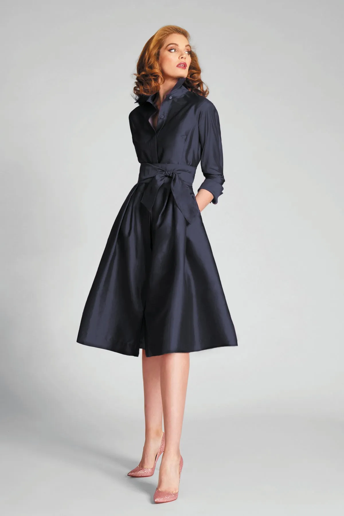 3/4 Sleeve Belted Taffeta Shirt Dress