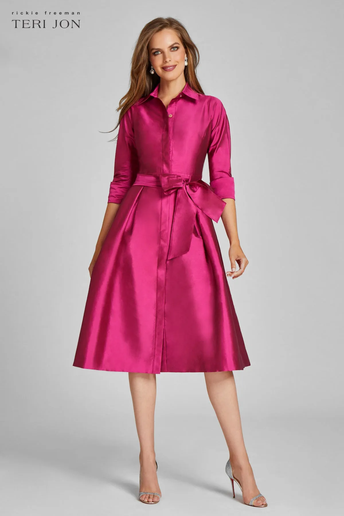 3/4 Sleeve Belted Taffeta Shirt Dress