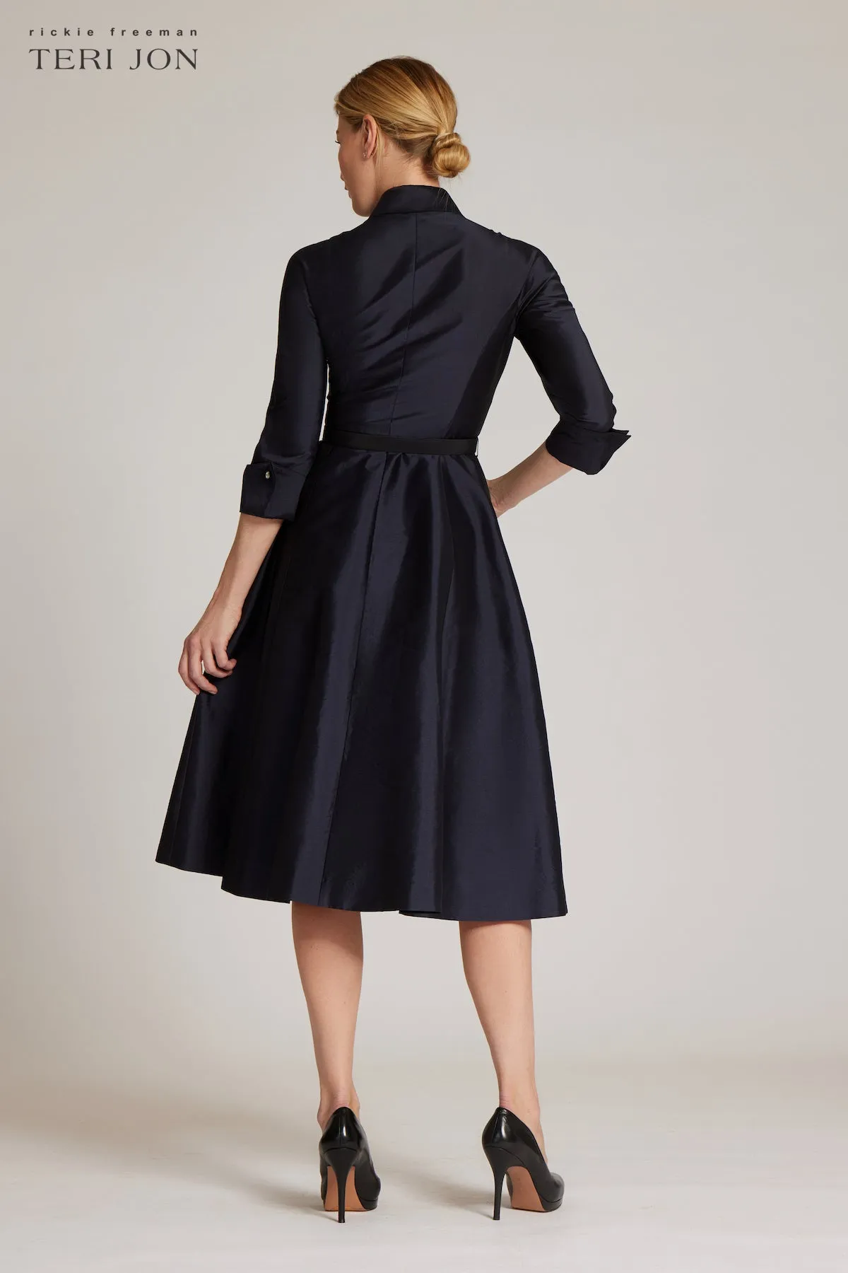 3/4 Sleeve Belted Taffeta Shirt Dress