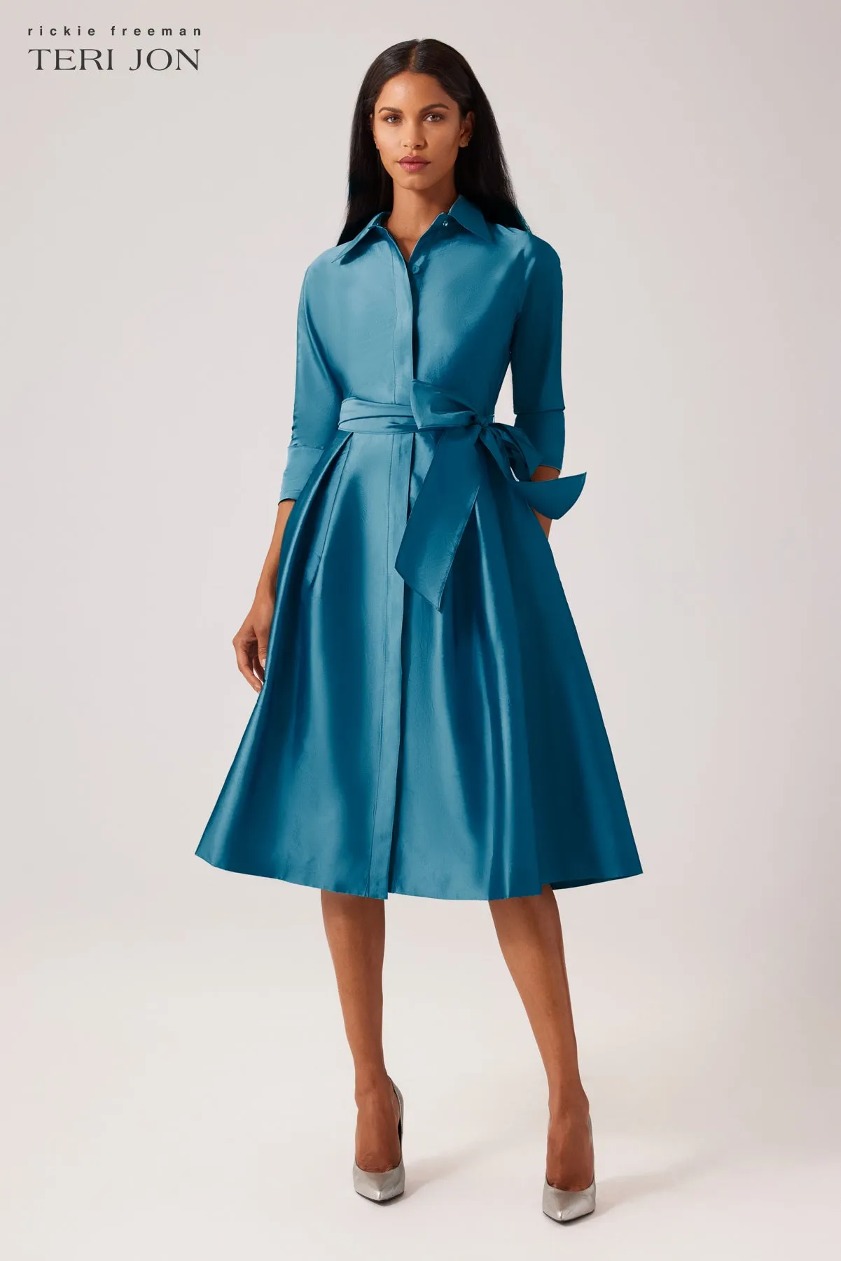 3/4 Sleeve Belted Taffeta Shirt Dress