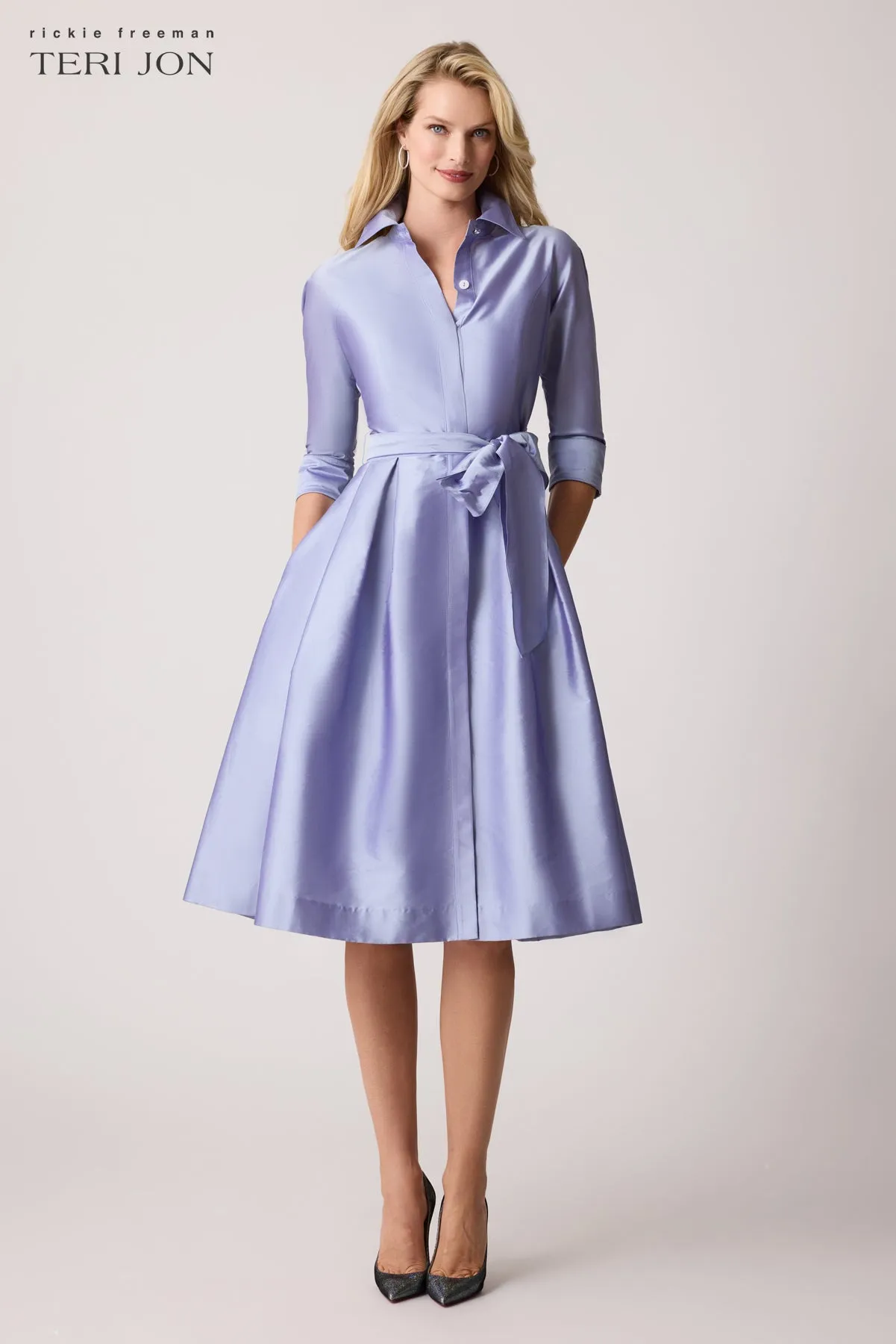 3/4 Sleeve Belted Taffeta Shirt Dress