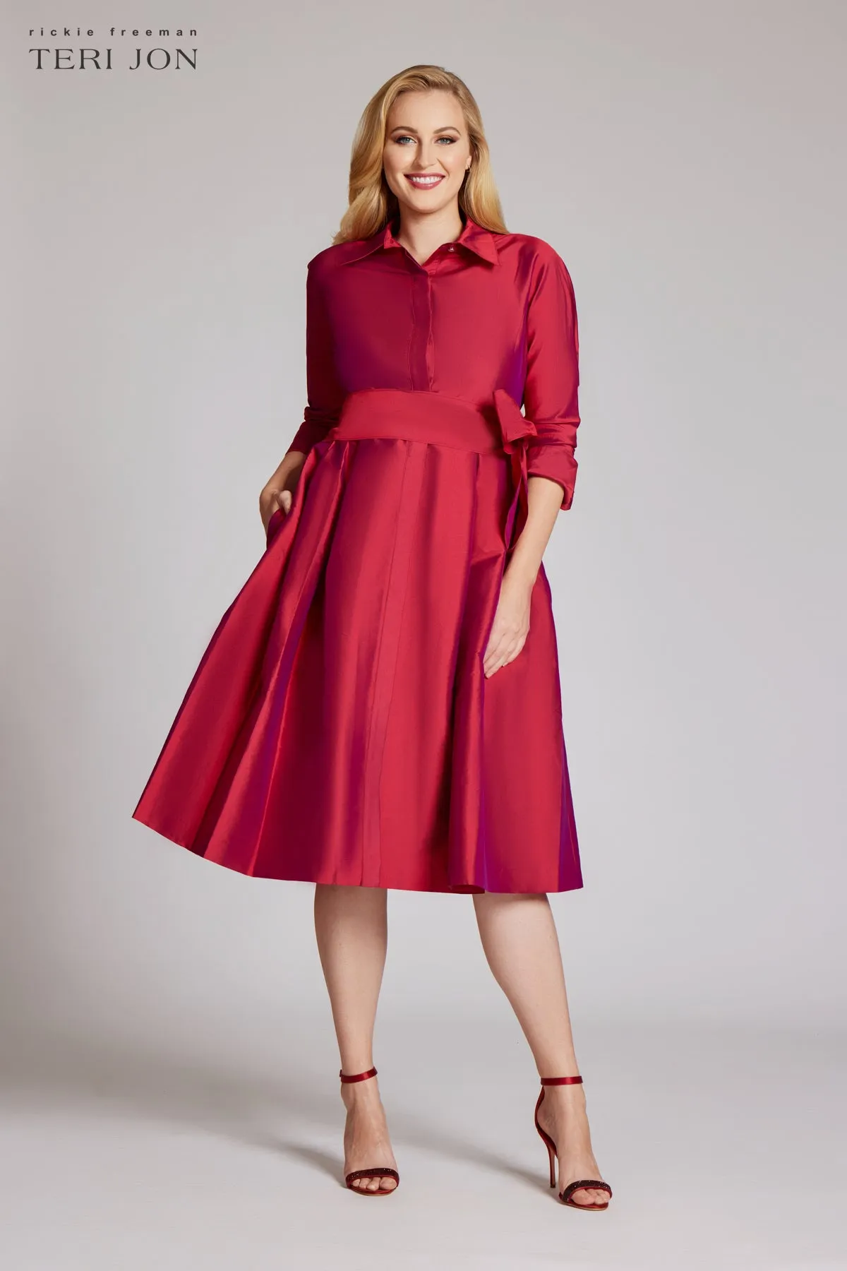 3/4 Sleeve Belted Taffeta Shirt Dress