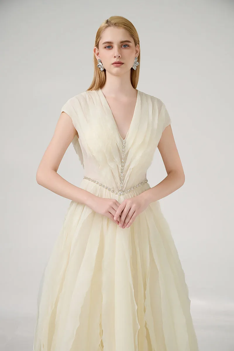 A-LINE PLEATED CHEST ORGANZA BEIGE GOWN