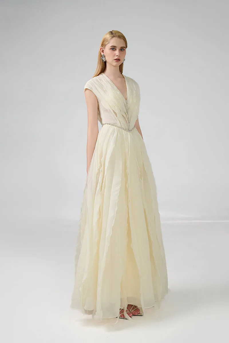 A-LINE PLEATED CHEST ORGANZA BEIGE GOWN