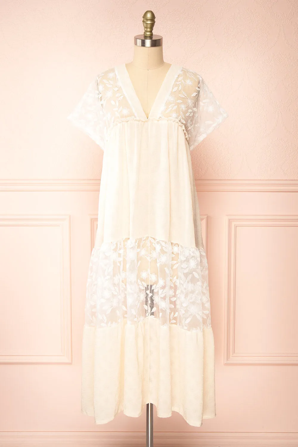 Ailee | Beige & White Tiered Midi Dress w/ Embroidery