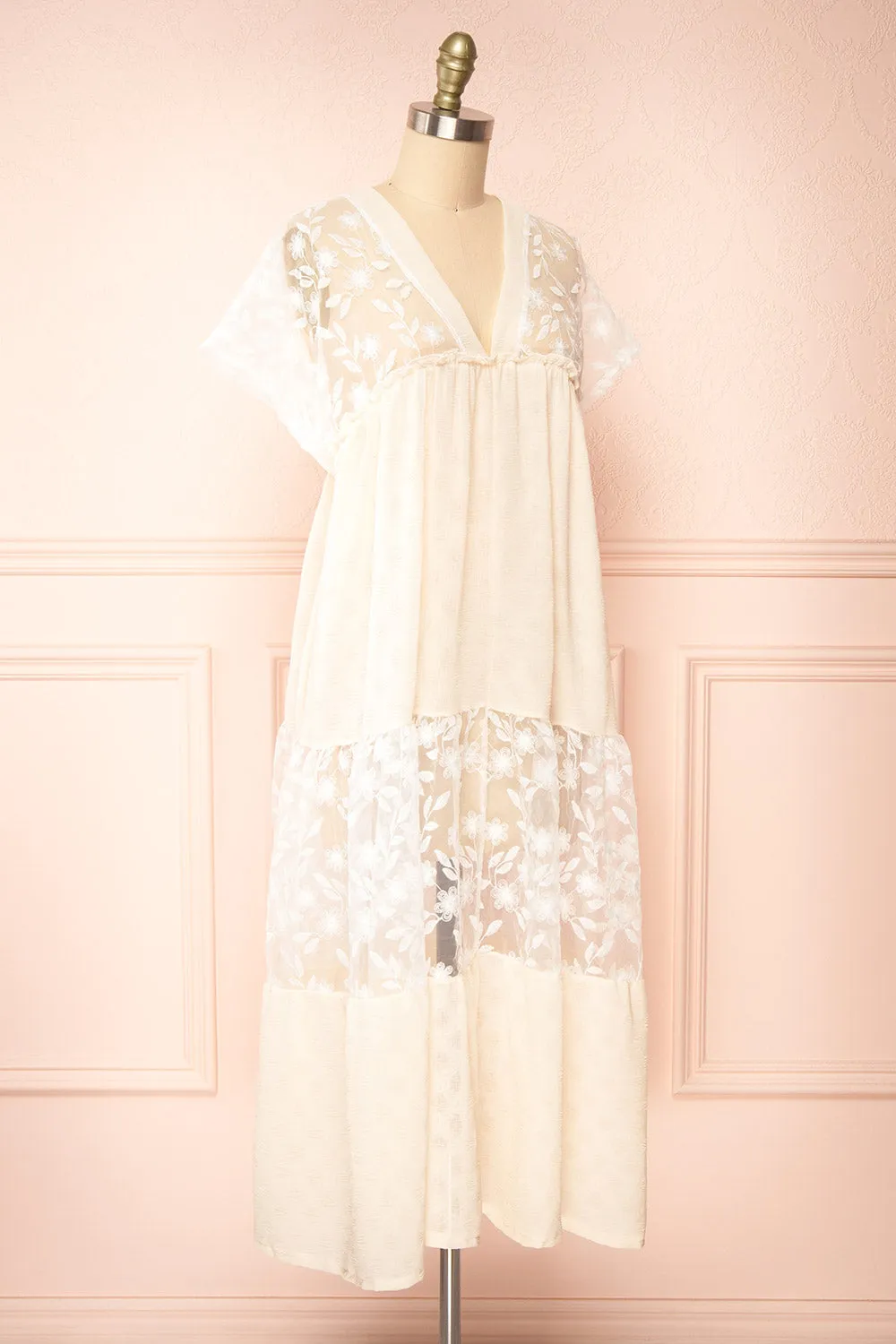 Ailee | Beige & White Tiered Midi Dress w/ Embroidery