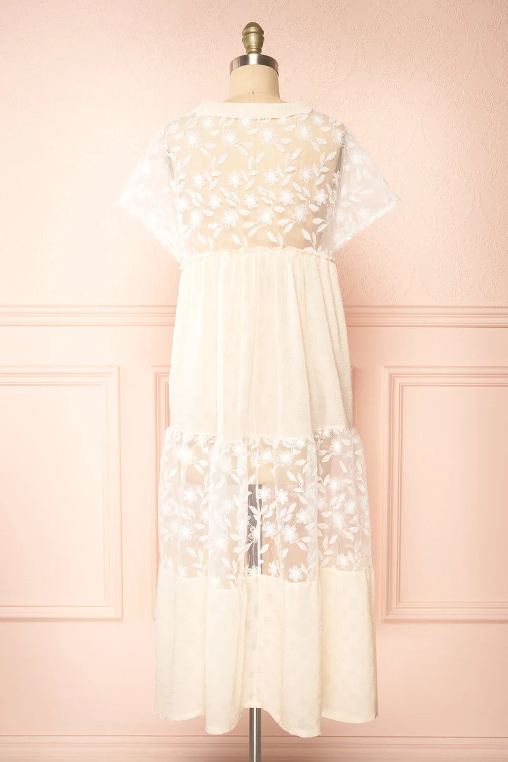 Ailee | Beige & White Tiered Midi Dress w/ Embroidery