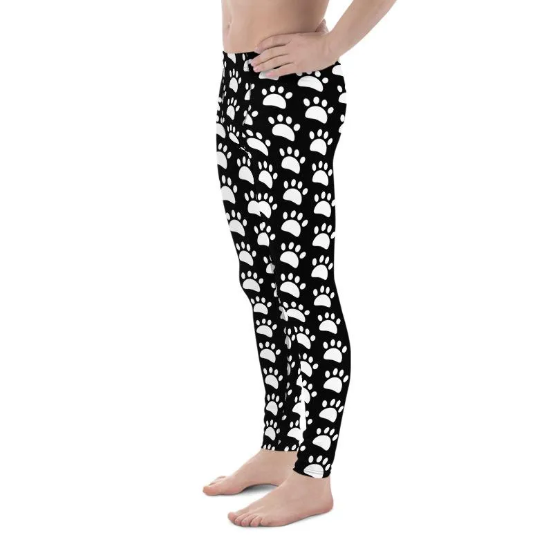 Animal Paw Black White Meggings, Cute White Print Black Men's Leggings Compression Running Tights