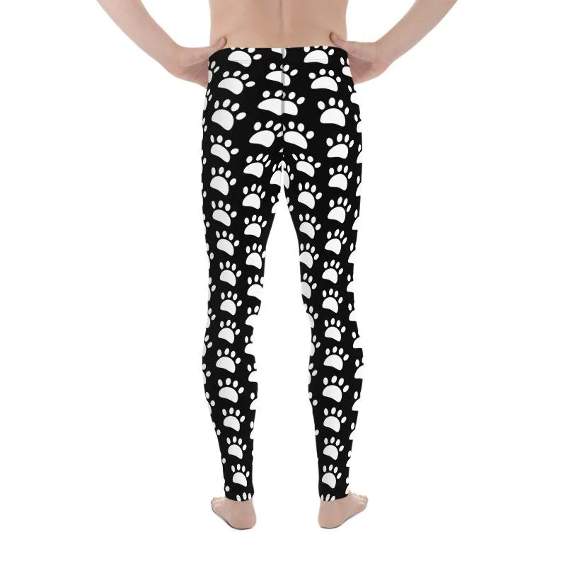 Animal Paw Black White Meggings, Cute White Print Black Men's Leggings Compression Running Tights