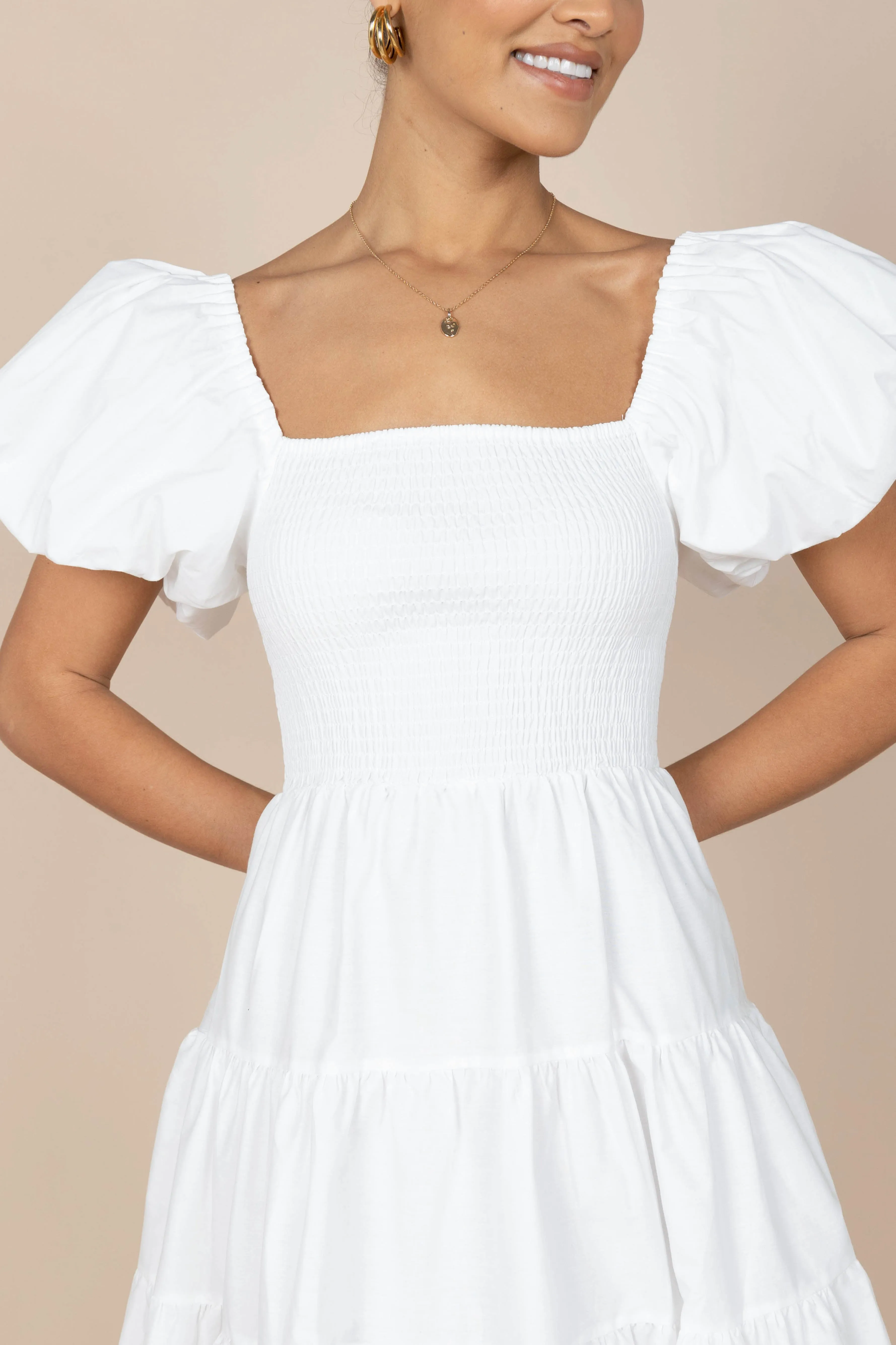 Annette Puff Sleeve Shirred Midi Dress - White