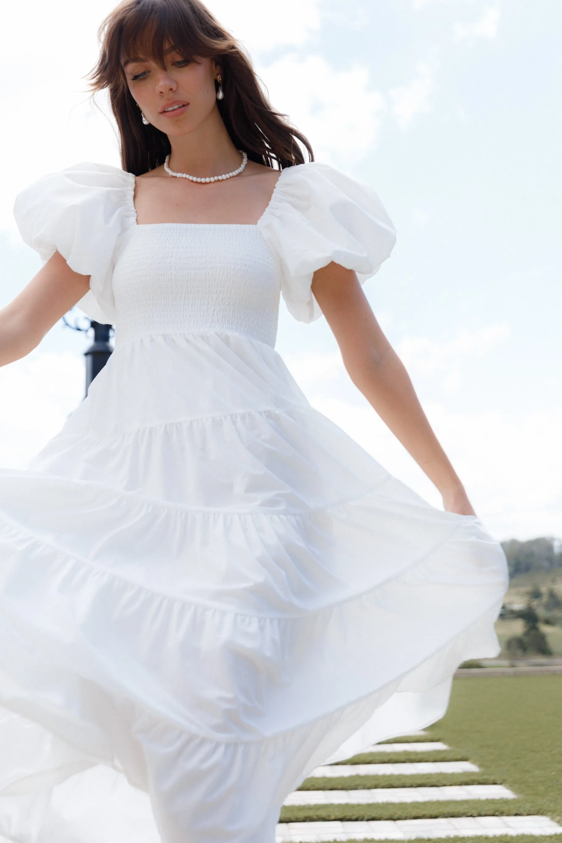 Annette Puff Sleeve Shirred Midi Dress - White