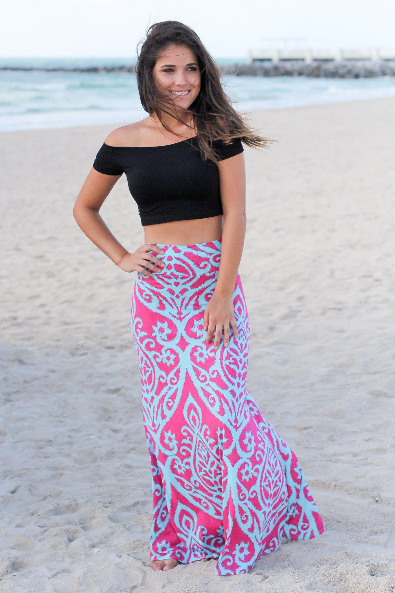 Aqua and Fuchsia Printed Maxi Skirt