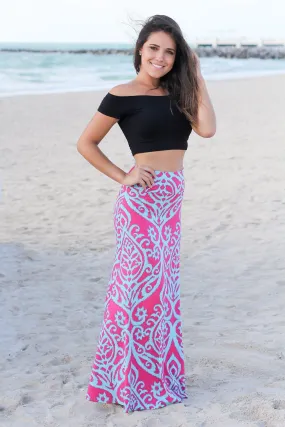 Aqua and Fuchsia Printed Maxi Skirt