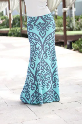 Aqua And Gray Printed Maxi Skirt