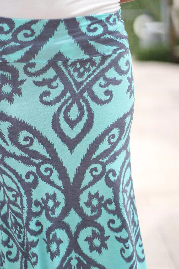 Aqua And Gray Printed Maxi Skirt