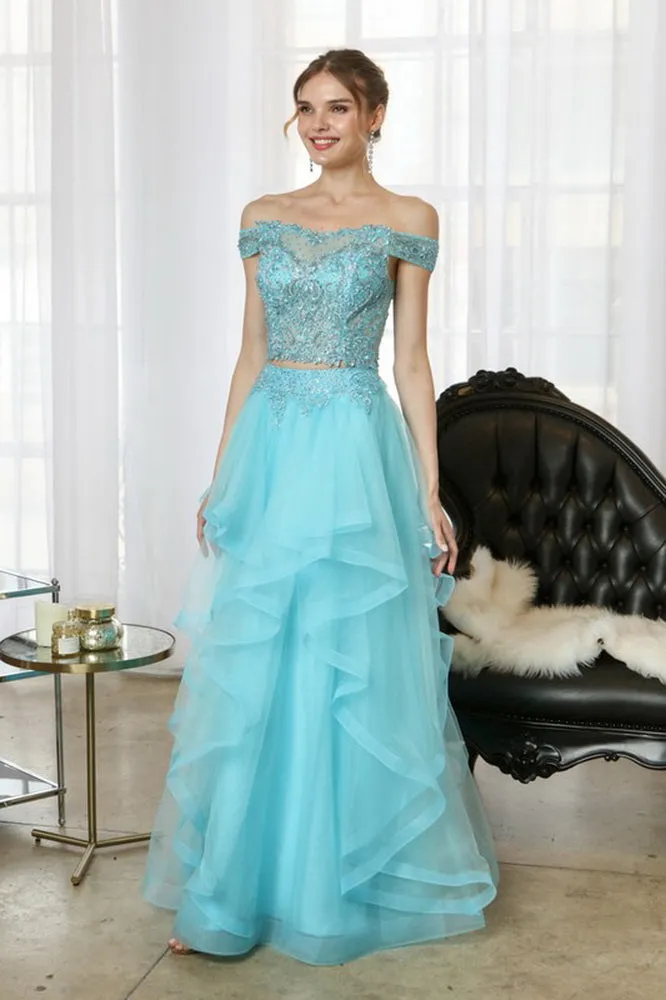 Aqua Beaded Lace Top And Ruffle Asymmetric Skirt Two Pieces Set Long Dress