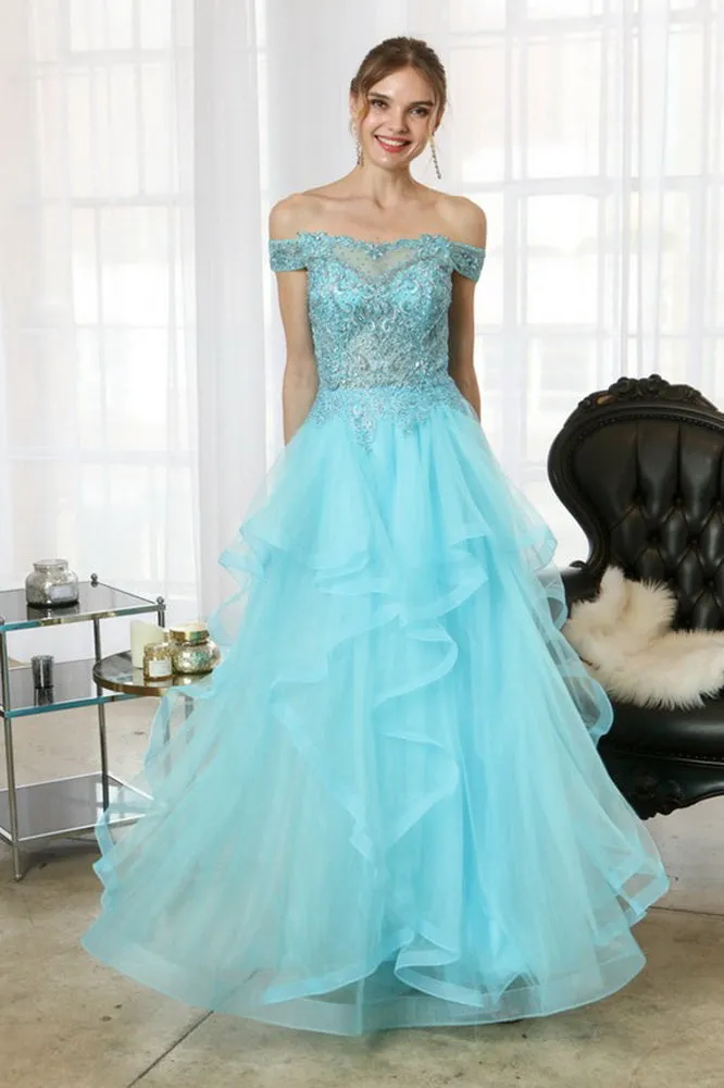 Aqua Beaded Lace Top And Ruffle Asymmetric Skirt Two Pieces Set Long Dress