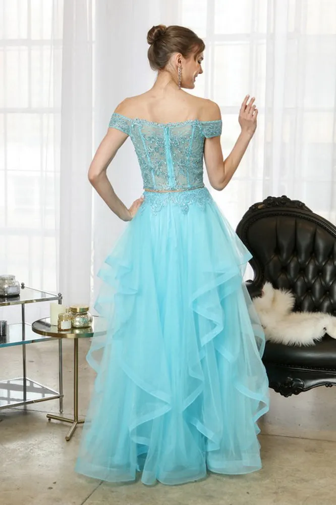 Aqua Beaded Lace Top And Ruffle Asymmetric Skirt Two Pieces Set Long Dress