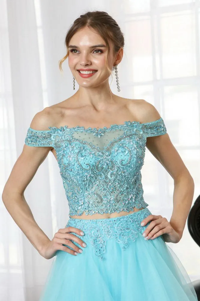 Aqua Beaded Lace Top And Ruffle Asymmetric Skirt Two Pieces Set Long Dress