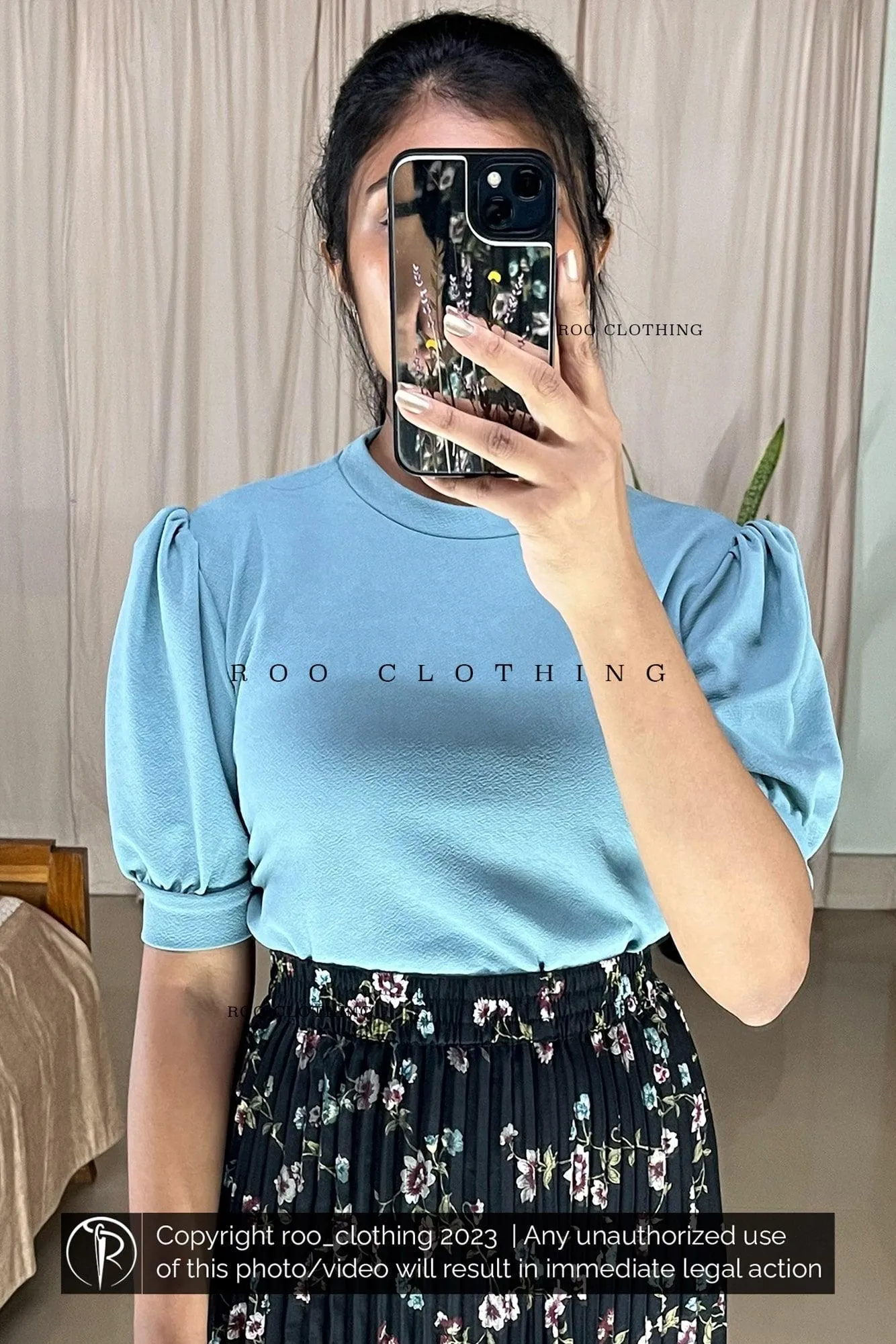 Aqua Blue Crew Neck Puff Sleeves Top Only