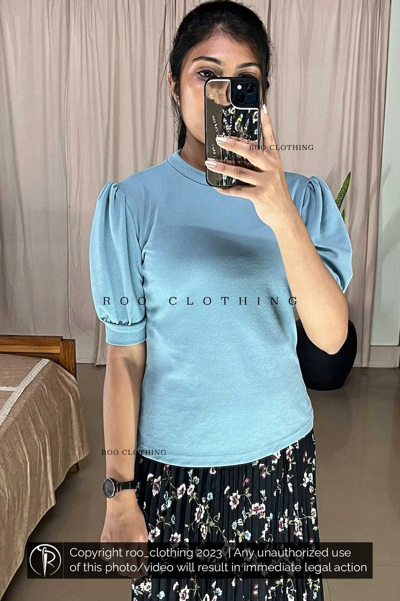 Aqua Blue Crew Neck Puff Sleeves Top Only