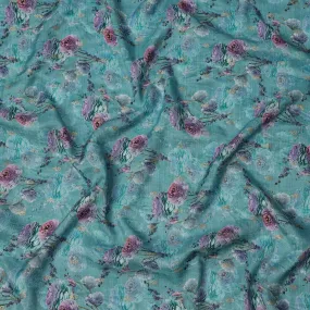 Aqua Blue Floral Linen-Cotton Blend Fabric, 110 cm Wide, Made in India-D20973