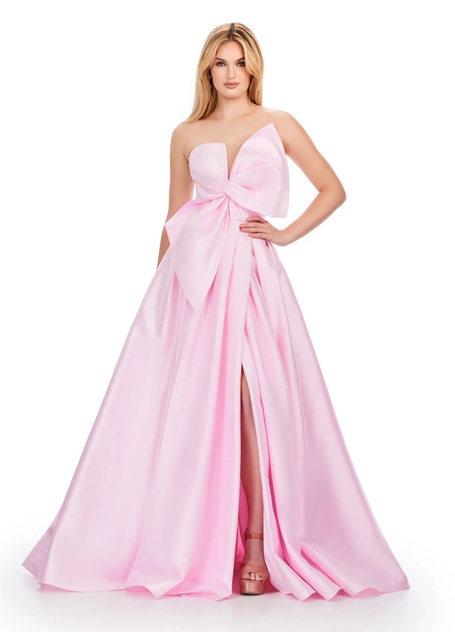 Ashley Lauren 11609 Long Prom Dress Strapless Plus Size Mikado Ball Gown Oversized Bow Formal Pageant