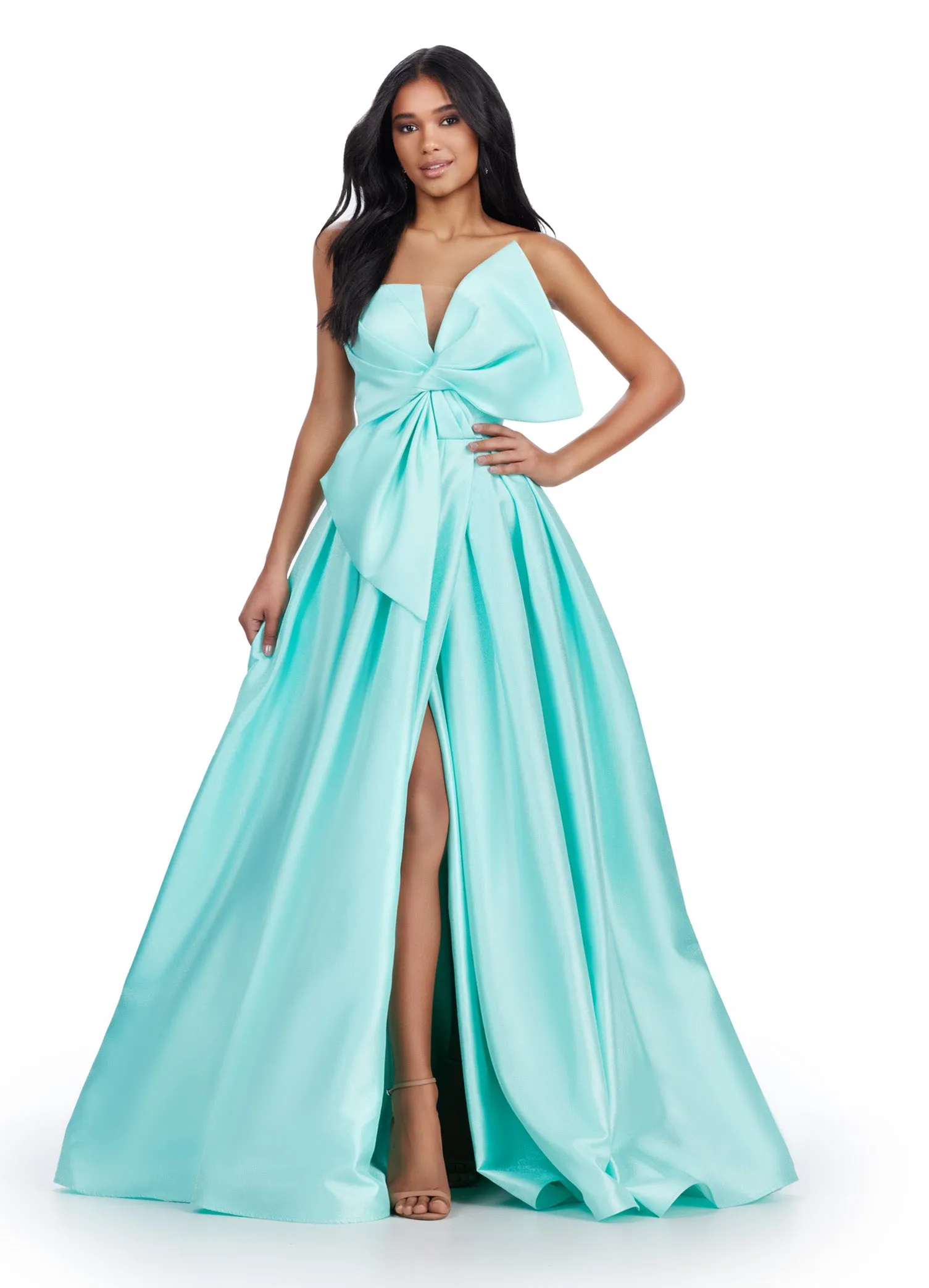 Ashley Lauren 11609 Long Prom Dress Strapless Plus Size Mikado Ball Gown Oversized Bow Formal Pageant