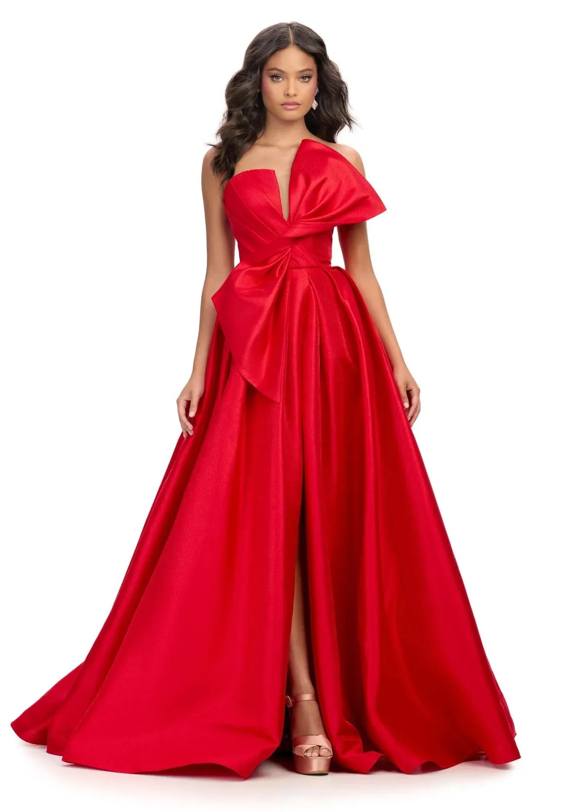 Ashley Lauren 11609 Long Prom Dress Strapless Plus Size Mikado Ball Gown Oversized Bow Formal Pageant