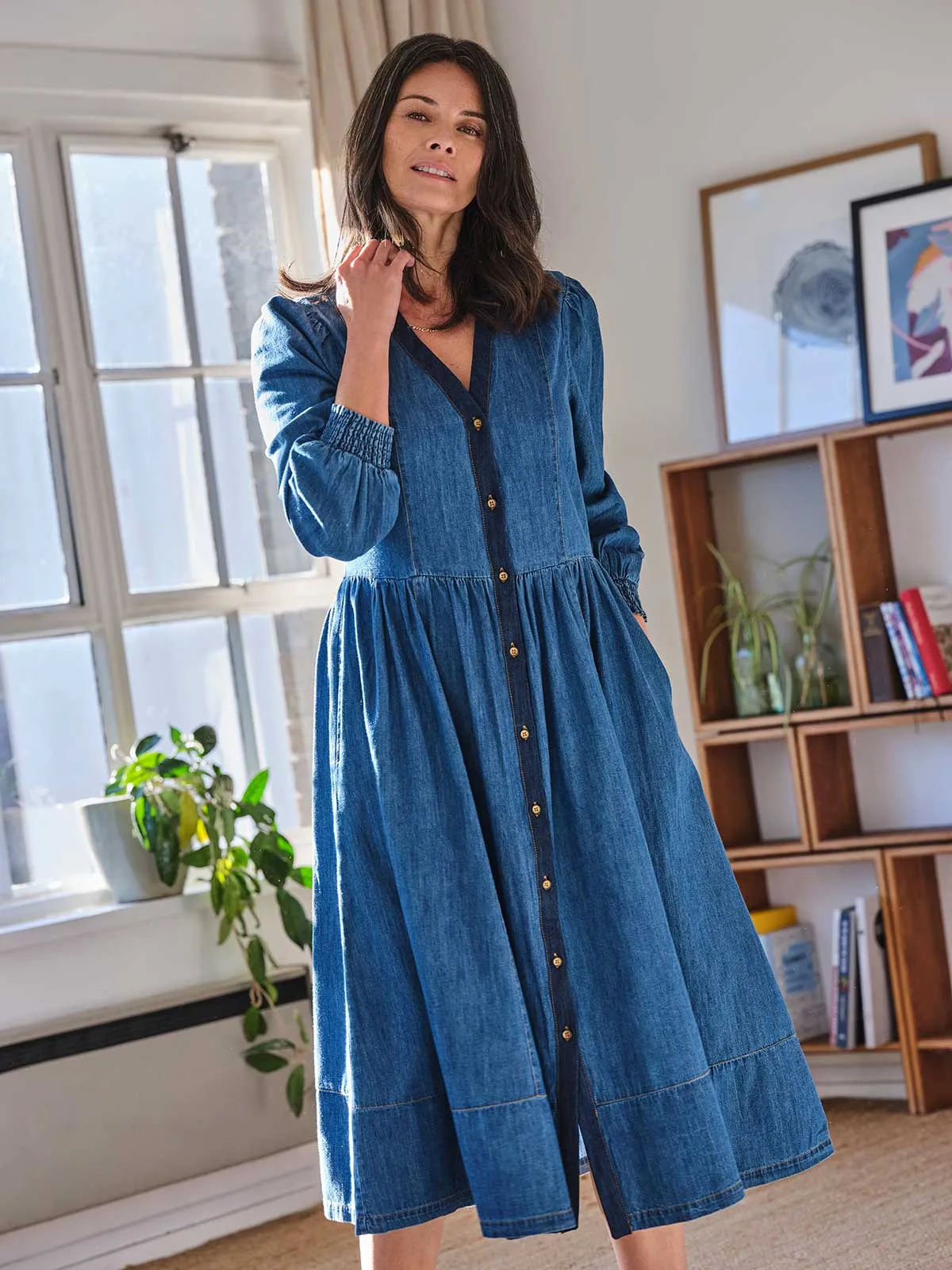 Asterope Organic Cotton Chambray Midi Dress - Dark Indigo Blue