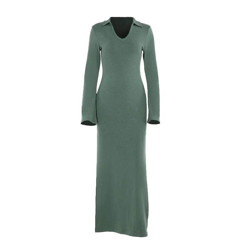 Autumn Office Slim V neck Split Long Sleeve Everyday Dress Women