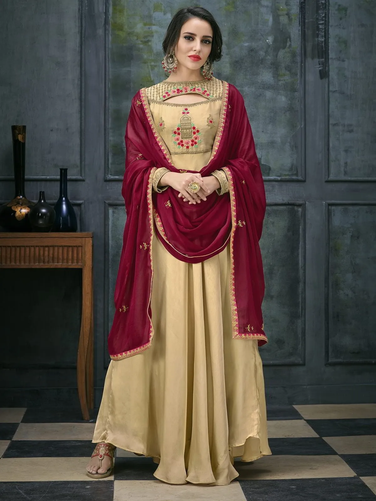 Beige And Red Ethnic Embroidered Anarkali Suit