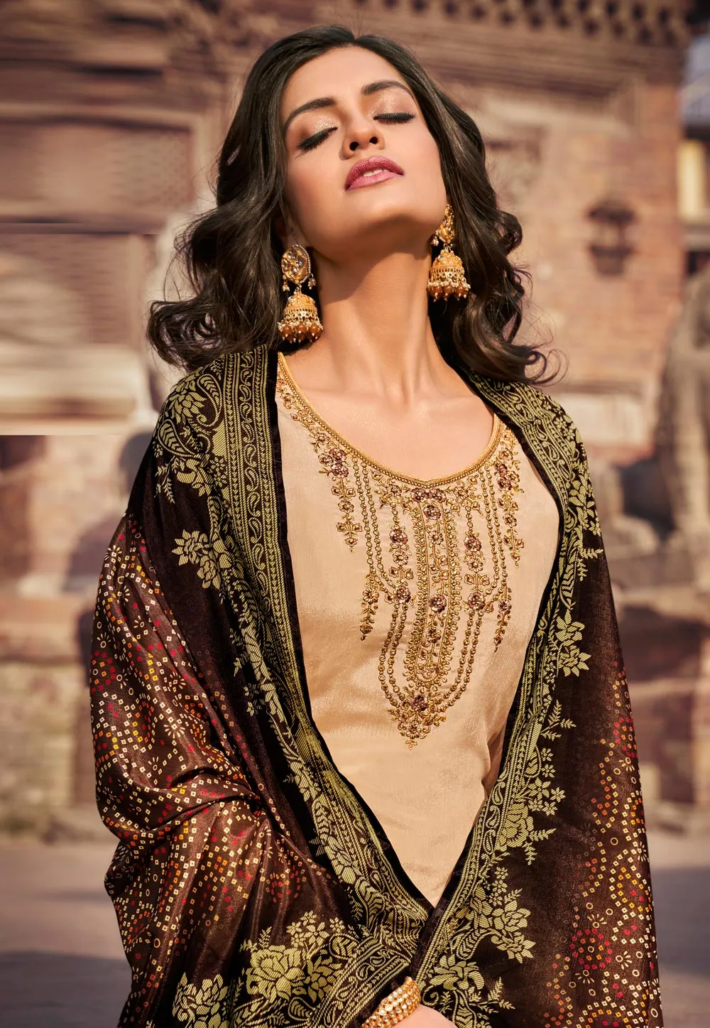 Beige Embroidered Palazzo Suit