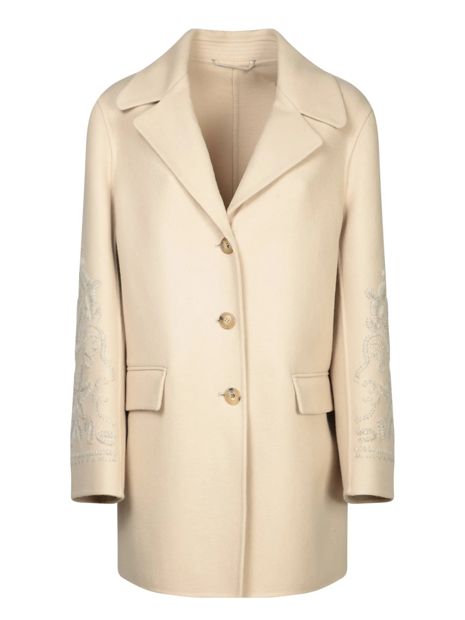 Beige Single-Breasted Embroidered Coat